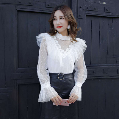 Novi dizajn, modna ženska stojeća kragna, dugi široki rukavi, čipkasti volani, točkasta gaza bluza, majica u stilu princeze