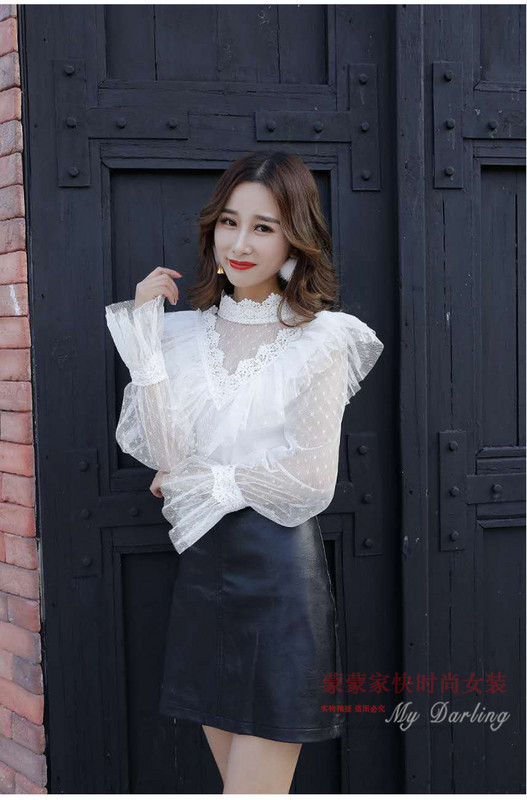 Novi dizajn, modna ženska stojeća kragna, dugi široki rukavi, čipkasti volani, točkasta gaza bluza, majica u stilu princeze