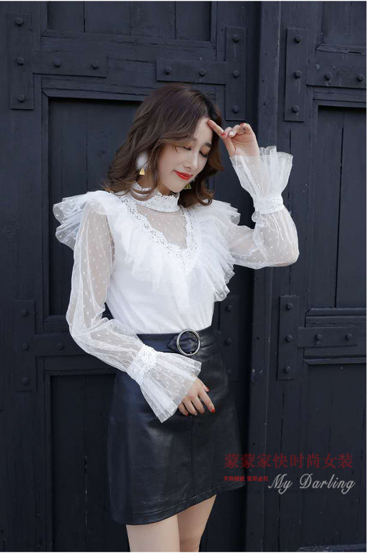 Novi dizajn, modna ženska stojeća kragna, dugi široki rukavi, čipkasti volani, točkasta gaza bluza, majica u stilu princeze