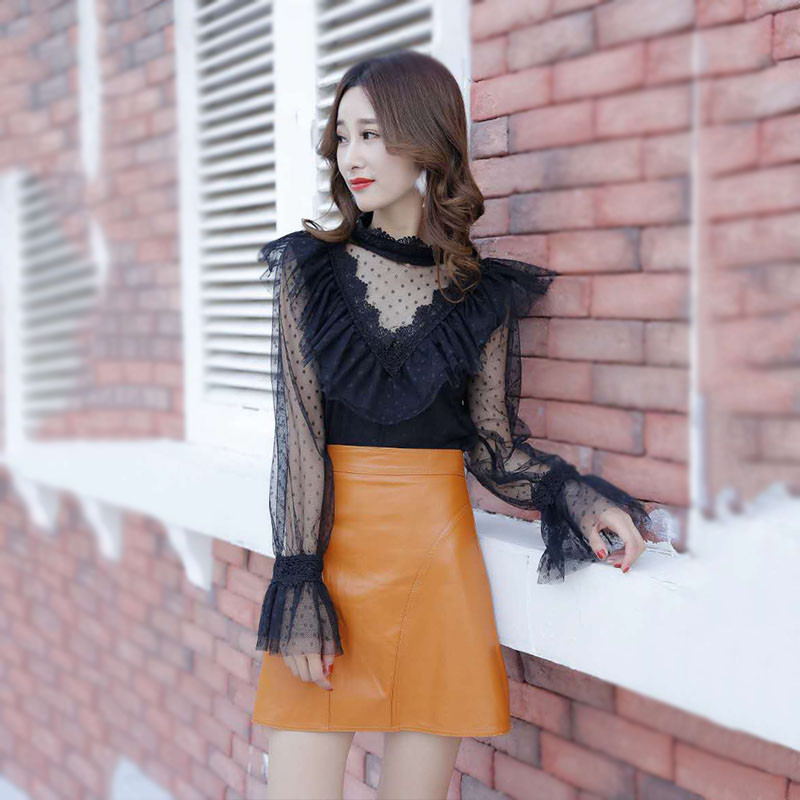 Novi dizajn, modna ženska stojeća kragna, dugi široki rukavi, čipkasti volani, točkasta gaza bluza, majica u stilu princeze