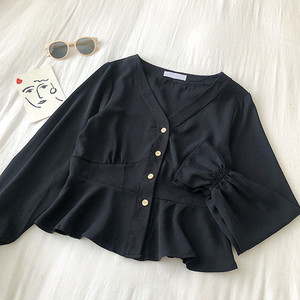 HISUMA 2021. Proljeće Jesen Ženska košulja s lepršavim rukavima i V-izrezom s leopardom, osnovna ženska košulja s volanima, kratki, uski kardigan s gumbima, šik gornji dio bluze