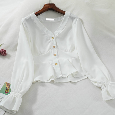 HISUMA 2021. Proljeće Jesen Ženska košulja s lepršavim rukavima i V-izrezom s leopardom, osnovna ženska košulja s volanima, kratki, uski kardigan s gumbima, šik gornji dio bluze