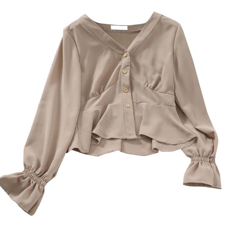 HISUMA 2021. Proljeće Jesen Ženska košulja s lepršavim rukavima i V-izrezom s leopardom, osnovna ženska košulja s volanima, kratki, uski kardigan s gumbima, šik gornji dio bluze