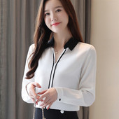 2019-es női ruházat őszi új V-nyakú, hosszú ujjú blúzok és felsők Sifon patchwork ingek Alkalmi elegáns irodai női blusák