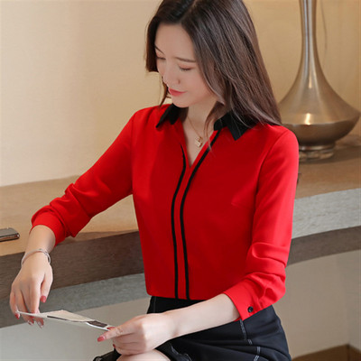 2019-es női ruházat őszi új V-nyakú, hosszú ujjú blúzok és felsők Sifon patchwork ingek Alkalmi elegáns irodai női blusák