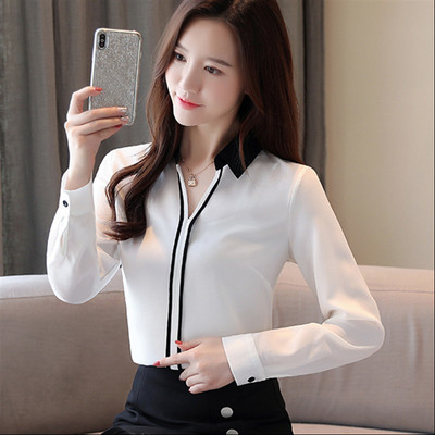 2019-es női ruházat őszi új V-nyakú, hosszú ujjú blúzok és felsők Sifon patchwork ingek Alkalmi elegáns irodai női blusák