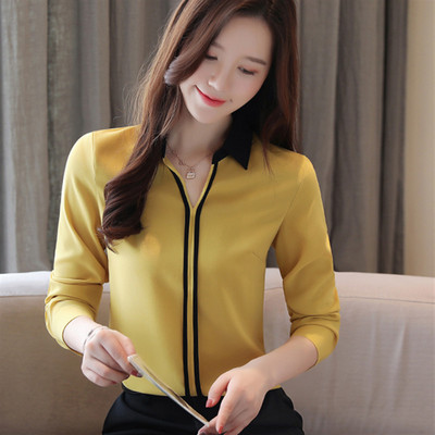 2019-es női ruházat őszi új V-nyakú, hosszú ujjú blúzok és felsők Sifon patchwork ingek Alkalmi elegáns irodai női blusák