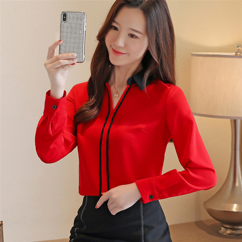 2019-es női ruházat őszi új V-nyakú, hosszú ujjú blúzok és felsők Sifon patchwork ingek Alkalmi elegáns irodai női blusák