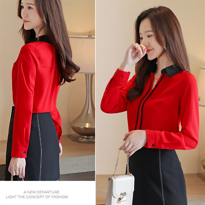 2019-es női ruházat őszi új V-nyakú, hosszú ujjú blúzok és felsők Sifon patchwork ingek Alkalmi elegáns irodai női blusák