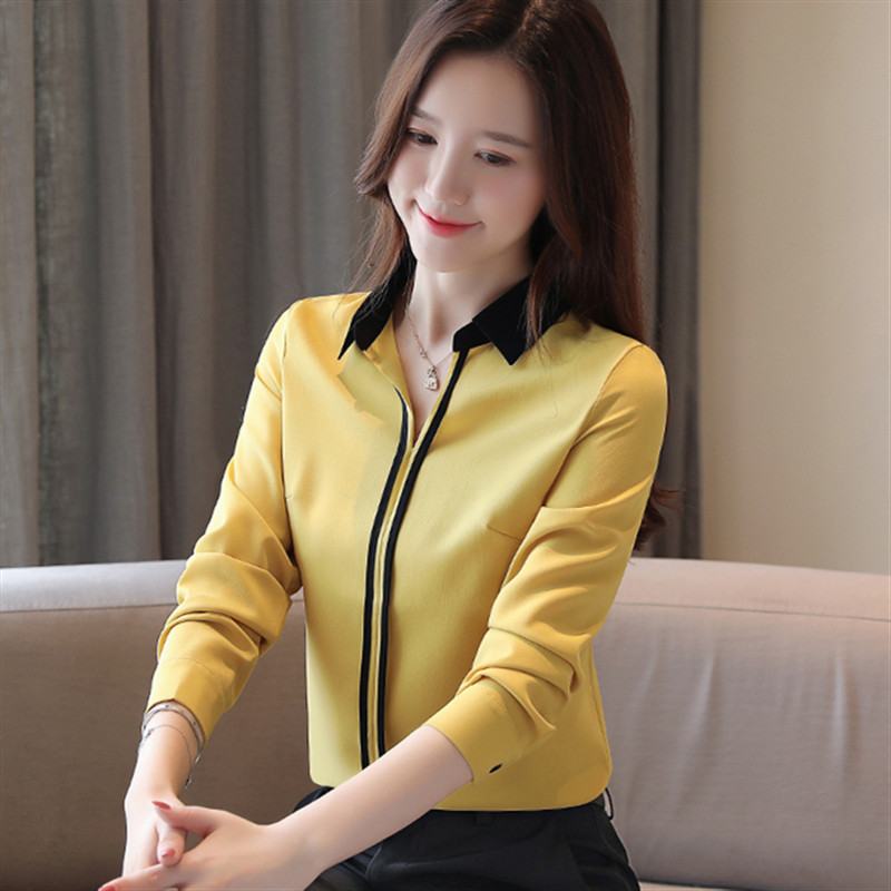 2019-es női ruházat őszi új V-nyakú, hosszú ujjú blúzok és felsők Sifon patchwork ingek Alkalmi elegáns irodai női blusák