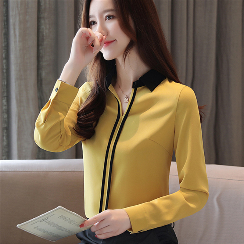 2019-es női ruházat őszi új V-nyakú, hosszú ujjú blúzok és felsők Sifon patchwork ingek Alkalmi elegáns irodai női blusák