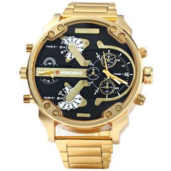 Big Watch Ανδρικά ρολόγια πολυτελείας Golden Steel Ανδρικά ρολόγια Quartz Dual Time Zone Military Relogio Masculino Casual Clock Man