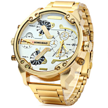 Big Watch Ανδρικά ρολόγια πολυτελείας Golden Steel Ανδρικά ρολόγια Quartz Dual Time Zone Military Relogio Masculino Casual Clock Man