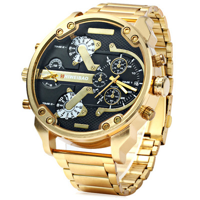 Big Watch Ανδρικά ρολόγια πολυτελείας Golden Steel Ανδρικά ρολόγια Quartz Dual Time Zone Military Relogio Masculino Casual Clock Man