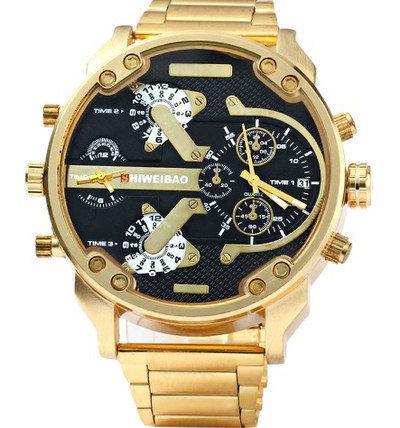 Liels pulkstenis vīriešu luksusa zelta tērauda siksna vīriešu kvarca pulksteņi divu laika zonu militārie relogio maskulino ikdienas pulkstenis vīrietis