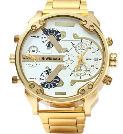 Liels pulkstenis vīriešu luksusa zelta tērauda siksna vīriešu kvarca pulksteņi divu laika zonu militārie relogio maskulino ikdienas pulkstenis vīrietis