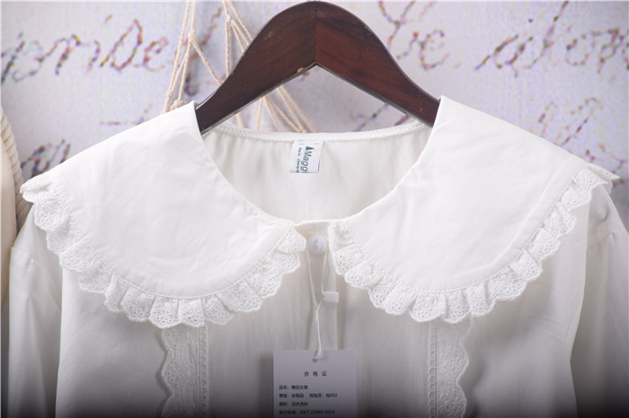 Japán stílusú Mori lány friss csipke Peter Pan galléros ing bő pamut fehér blúz női