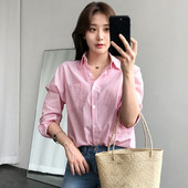 Blusas Mujer De Moda 2018 m. rudens viršūnės dryžuota palaidinė, sagos biuro moteriškos kišenės, atverčiamos apykaklės, moteriški marškiniai, rožinės spalvos, moteriška