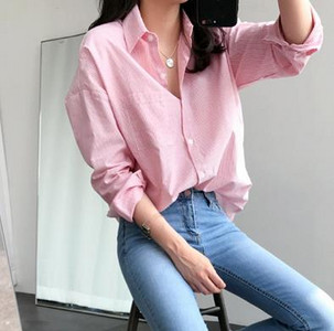 Blusas Mujer De Moda 2018 m. rudens viršūnės dryžuota palaidinė, sagos biuro moteriškos kišenės, atverčiamos apykaklės, moteriški marškiniai, rožinės spalvos, moteriška