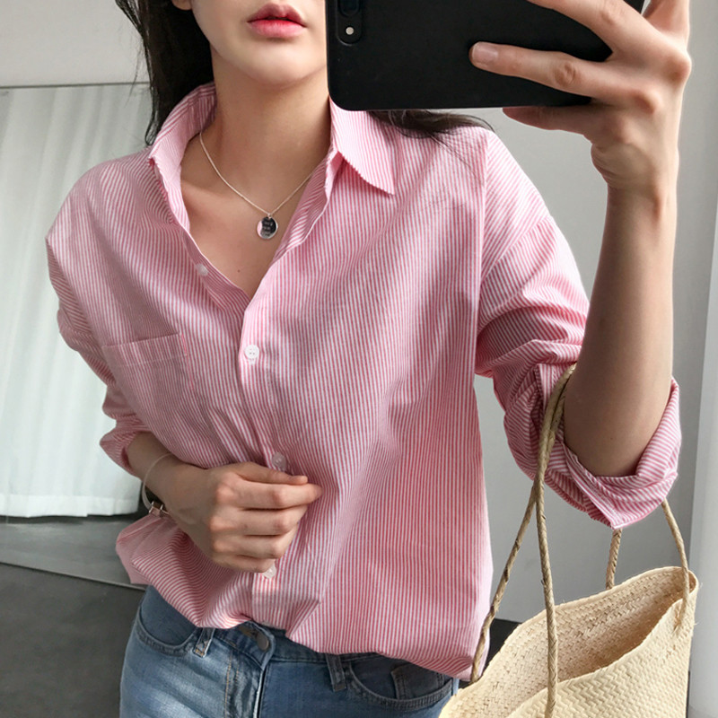 Blusas Mujer De Moda 2018 m. rudens viršūnės dryžuota palaidinė, sagos biuro moteriškos kišenės, atverčiamos apykaklės, moteriški marškiniai, rožinės spalvos, moteriška