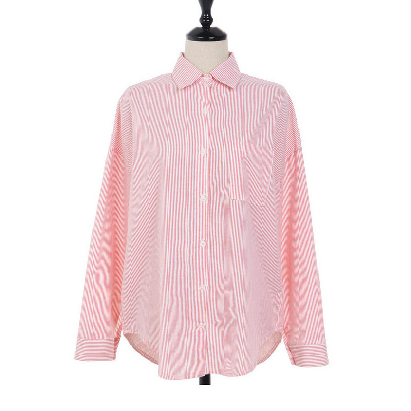 Blusas Mujer De Moda 2018 m. rudens viršūnės dryžuota palaidinė, sagos biuro moteriškos kišenės, atverčiamos apykaklės, moteriški marškiniai, rožinės spalvos, moteriška