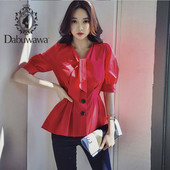 Dabuwawa Elegant Red V kaklo kaklaraištis mygtukas priekinė palaidinė, moteriška viršutinė rankovė, vientisa elegantiška marškinių palaidinės Biuro moteris DT1BST011