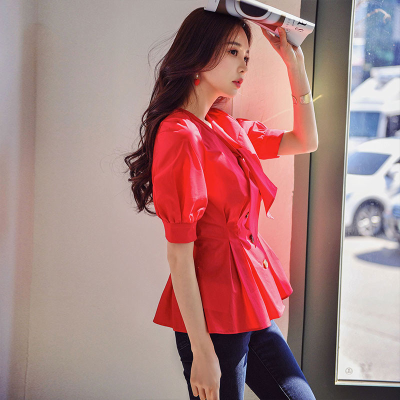 Dabuwawa Elegantna crvena bluza s V izrezom i gumbom za kravatu sprijeda Ženske majice s lanternastim rukavima Jednobojne elegantne košulje Bluze za uredske dame DT1BST011