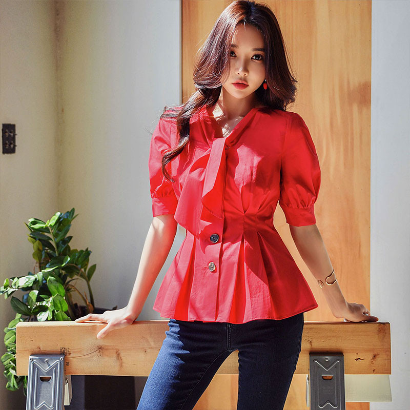 Dabuwawa Elegantna crvena bluza s V izrezom i gumbom za kravatu sprijeda Ženske majice s lanternastim rukavima Jednobojne elegantne košulje Bluze za uredske dame DT1BST011