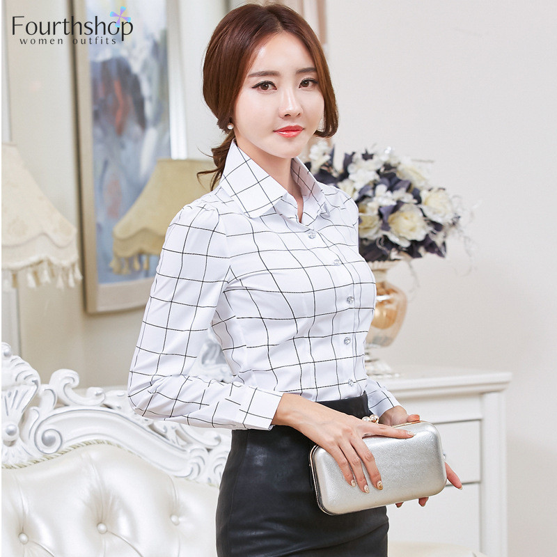 Bijele majice i bluze Ženske 2020. Karirani dizajn Karirani ovratnik Ženske košulje dugih rukava Radna odjeća za uredske dame Jesen Ljeto