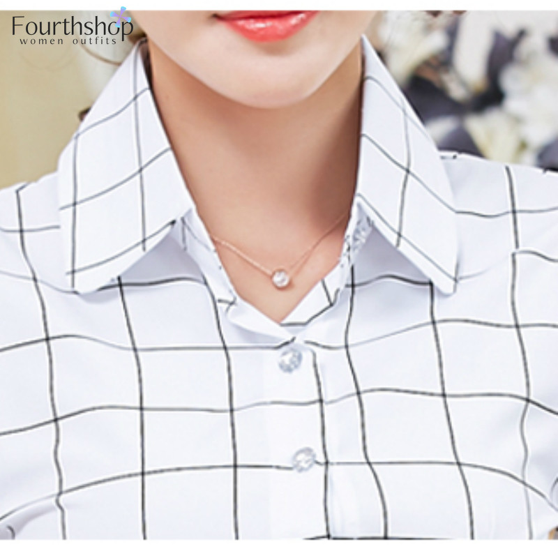 Bijele majice i bluze Ženske 2020. Karirani dizajn Karirani ovratnik Ženske košulje dugih rukava Radna odjeća za uredske dame Jesen Ljeto