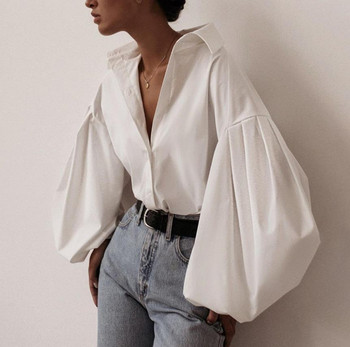2021 Νέα μόδα Γυναικείες μπλούζες Πουκάμισα Casual Γυναικεία φαρδιά φουσκωτά πουκάμισα με λαιμόκοψη V μονόχρωμο πουκάμισο OL Φθινοπωρινά