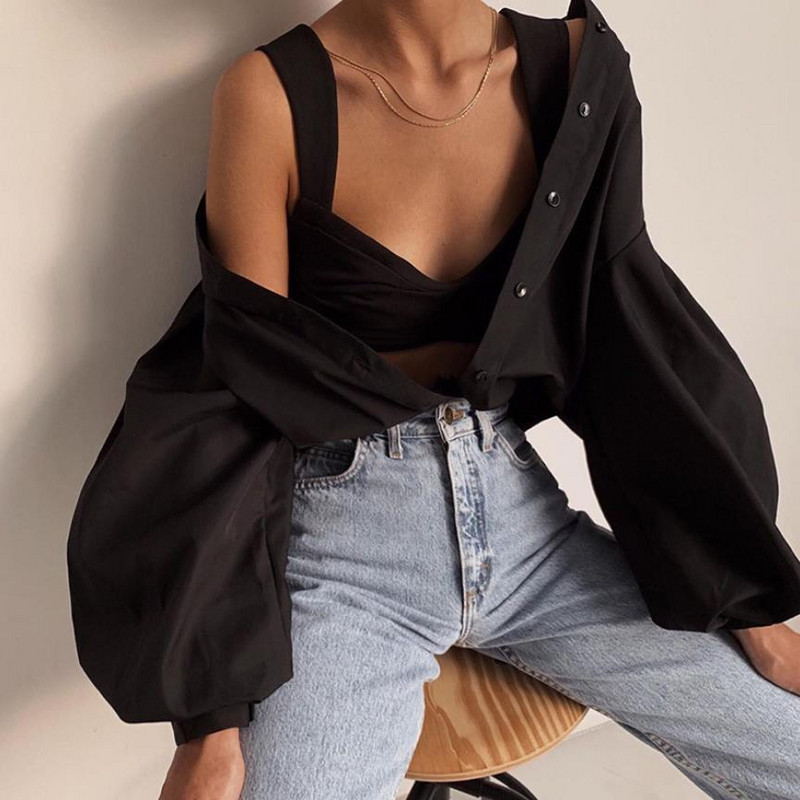 2021 m. Naujos mados Moteriškos Palaidinės Marškiniai Kasdieniai moteriški marškiniai laisvomis rankovėmis V formos iškirpte Vienspalviai OL Marškiniai Gatvės drabužiai Ruduo