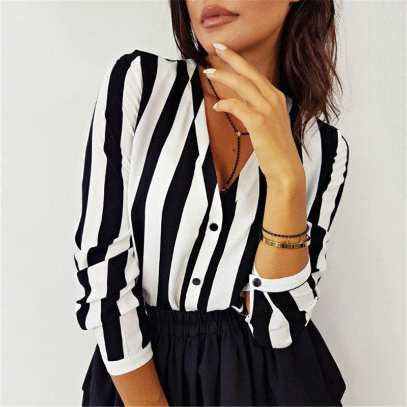 Moteriški vasariniai dryžuoti madingi viršūnės ir palaidinės Palaidinė su V kaklu Laisvi Harajuku marškinėliai moteriški tunika Vintage camisa feminina