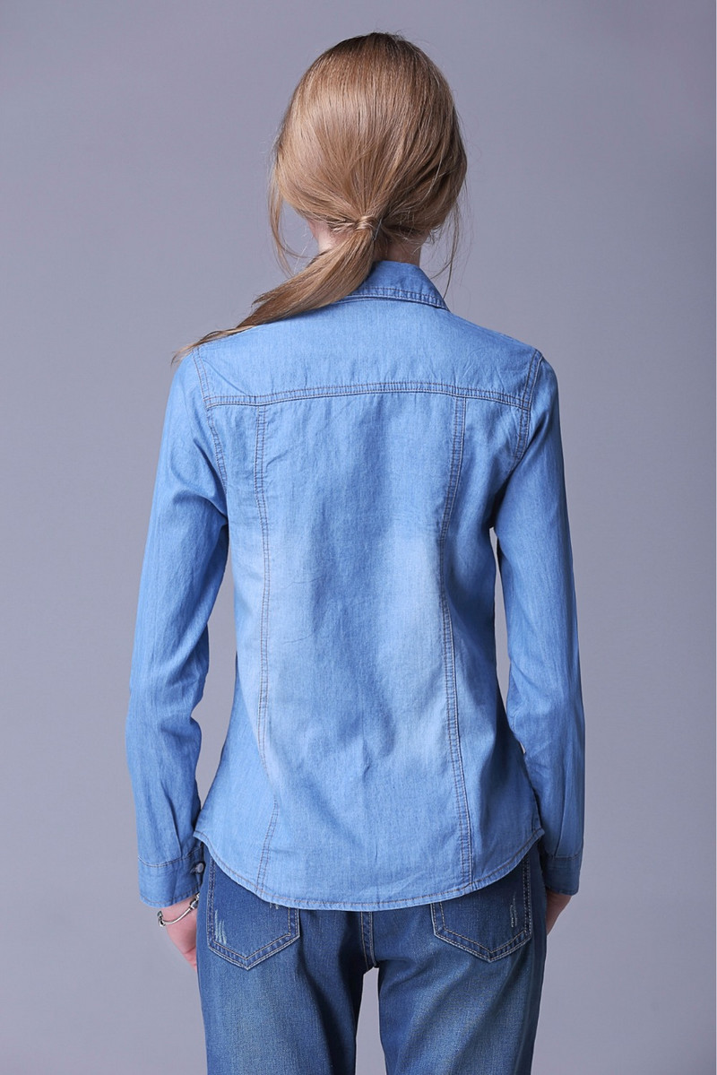 BYUAN Női blúz és ingek Kék pamut farmer felsők 2018 őszi hosszú ujjú blúz Lehajtható gallérú női blúzok molett