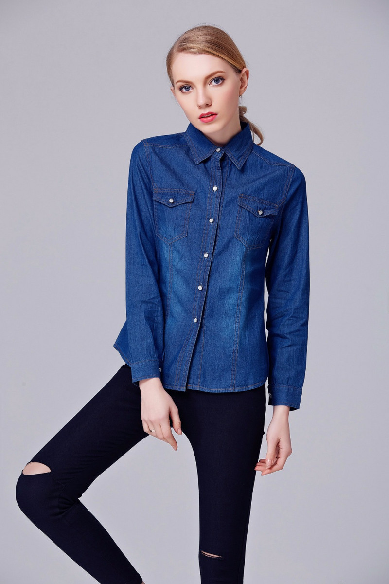 BYUAN Női blúz és ingek Kék pamut farmer felsők 2018 őszi hosszú ujjú blúz Lehajtható gallérú női blúzok molett