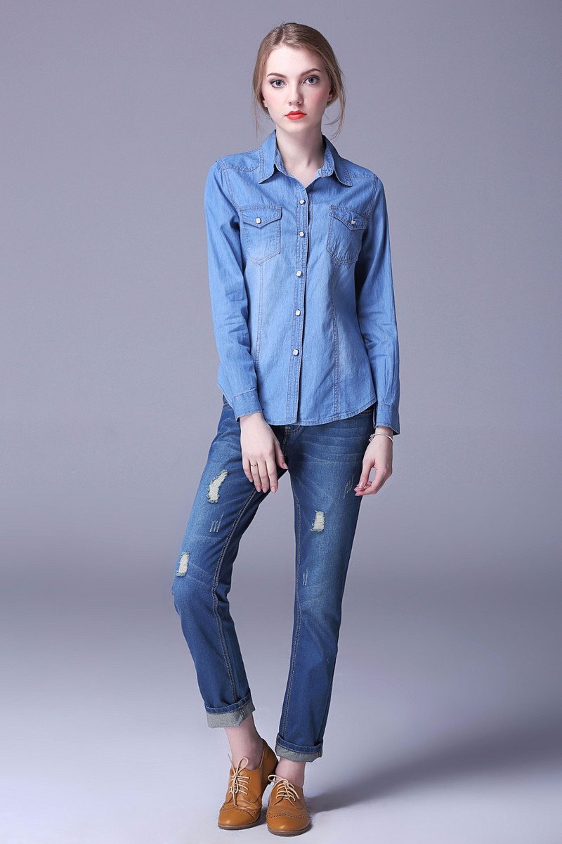 BYUAN Női blúz és ingek Kék pamut farmer felsők 2018 őszi hosszú ujjú blúz Lehajtható gallérú női blúzok molett