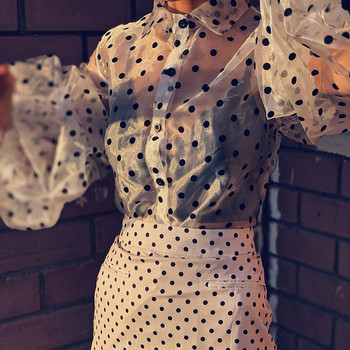 Νέο καλοκαιρινό γυναικείο πουκάμισο σιφόν μπλούζας 2019 Σέξι διαφανές διχτυωτό με χάντρες φουσκωτό μανίκι Γυναικεία πουκάμισα γραφείου Lady Blusa outfits