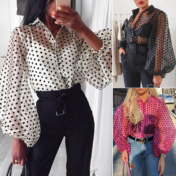 Νέο καλοκαιρινό γυναικείο πουκάμισο σιφόν μπλούζας 2019 Σέξι διαφανές διχτυωτό με χάντρες φουσκωτό μανίκι Γυναικεία πουκάμισα γραφείου Lady Blusa outfits