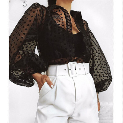 Nova ljetna ženska šifonska bluza za 2019. Seksi prozirna mrežasta majica s perlama s puf rukavima Ženske uredske košulje Lady Blusa Outfits