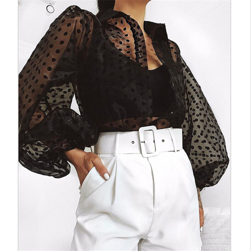 Nova ljetna ženska šifonska bluza za 2019. Seksi prozirna mrežasta majica s perlama s puf rukavima Ženske uredske košulje Lady Blusa Outfits