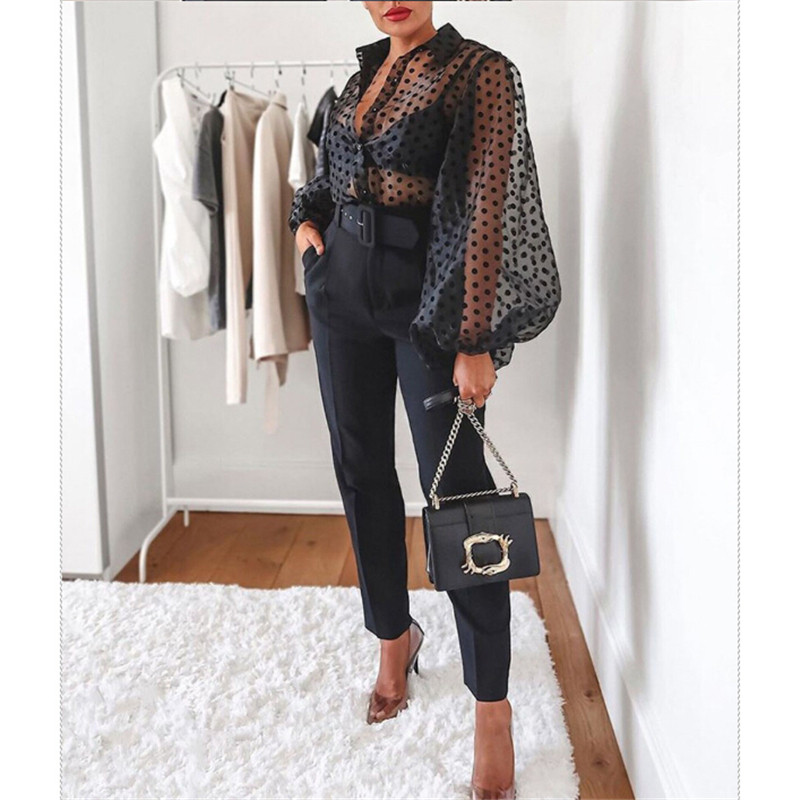 Nova ljetna ženska šifonska bluza za 2019. Seksi prozirna mrežasta majica s perlama s puf rukavima Ženske uredske košulje Lady Blusa Outfits
