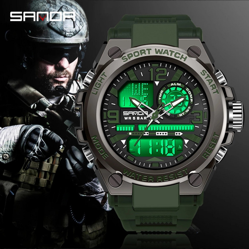 SANDA Ceas militar nou-nouț Ceasuri sport pentru bărbați cu afișaj dublu Ceasuri militare digitale cu LED G Style Relogio Masculino