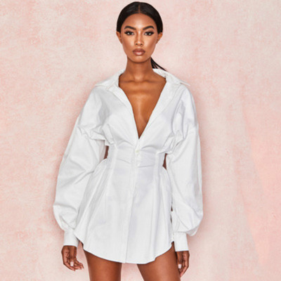 2019, sexy, cu mânecă lungă, cu un singur piept, cu guler răsturnat, cu decolteu în V, cămăși albe solide, cu talie subțire, bluză casual, cămașă lungă