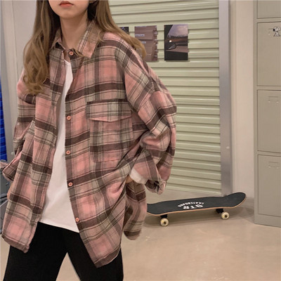 Ingek Női Kockás Rózsaszín Laza vállú zseb Főiskolai hallgatók Összes felsőruházat Koreai Stílus Napi elegáns felsők Pár ősz