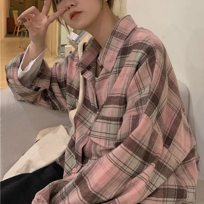Ingek Női Kockás Rózsaszín Laza vállú zseb Főiskolai hallgatók Összes felsőruházat Koreai Stílus Napi elegáns felsők Pár ősz