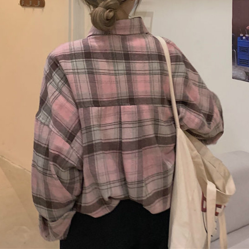 Ingek Női Kockás Rózsaszín Laza vállú zseb Főiskolai hallgatók Összes felsőruházat Koreai Stílus Napi elegáns felsők Pár ősz