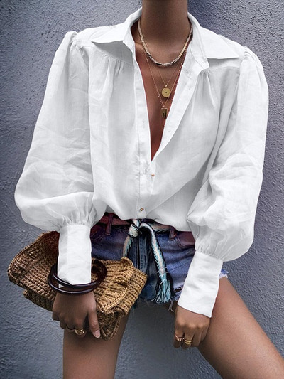 Jednobojna ležerna košulja s lanternastim rukavima Jesenska ženska elegantna OL uredska bluza za slobodno vrijeme