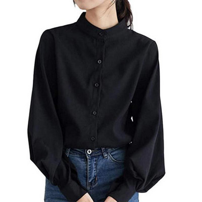 Anbenser Bluză cu mânecă lanternă pentru femei, primăvară 2021, cămăși cu un singur piept, pentru birou, cu guler vertical, bluză vintage solidă, cămașă XL