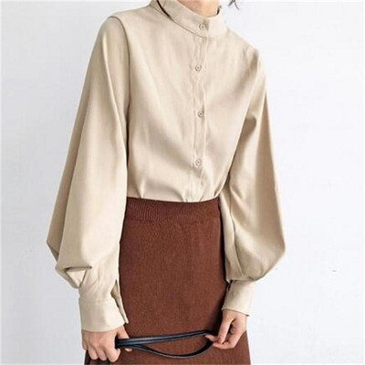 Anbenser Bluză cu mânecă lanternă pentru femei, primăvară 2021, cămăși cu un singur piept, pentru birou, cu guler vertical, bluză vintage solidă, cămașă XL