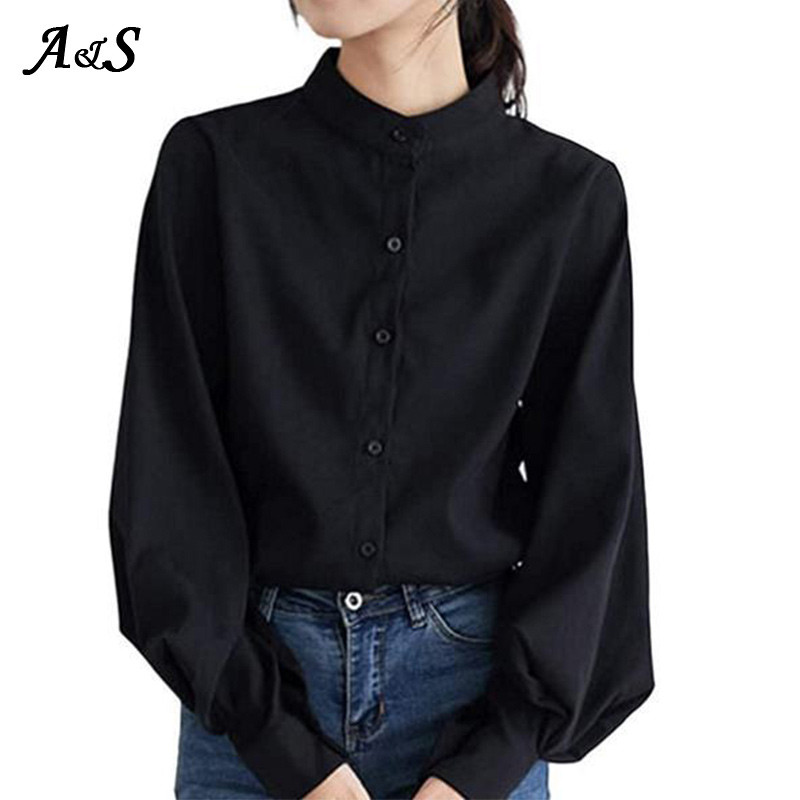 Anbenser Bluză cu mânecă lanternă pentru femei, primăvară 2021, cămăși cu un singur piept, pentru birou, cu guler vertical, bluză vintage solidă, cămașă XL